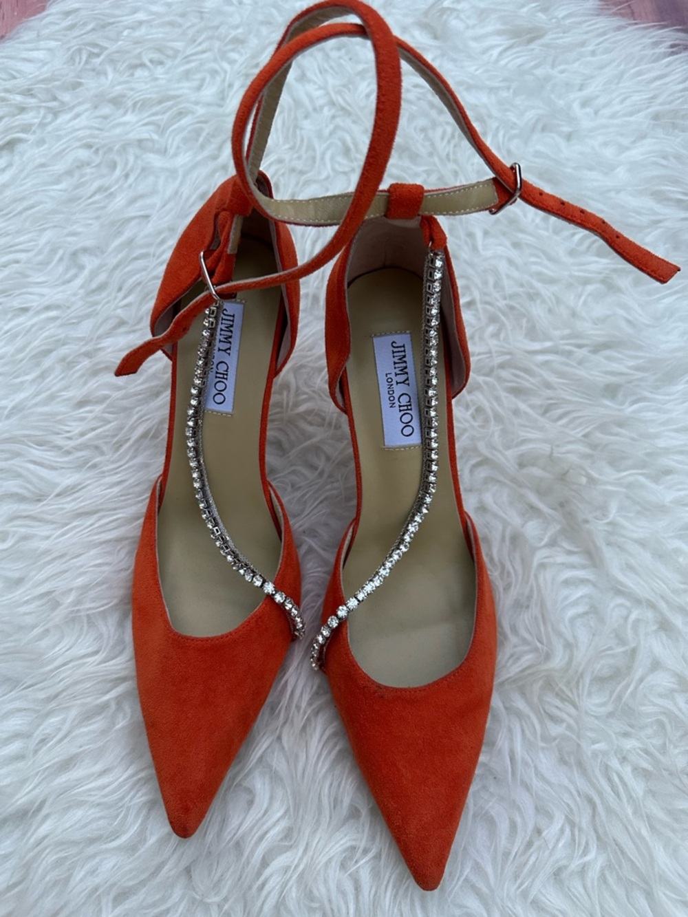 Jimmy Choo Red Suede Crystal-Trim Ankle Strap Pumps, Size 40. - Picture 6 of 6